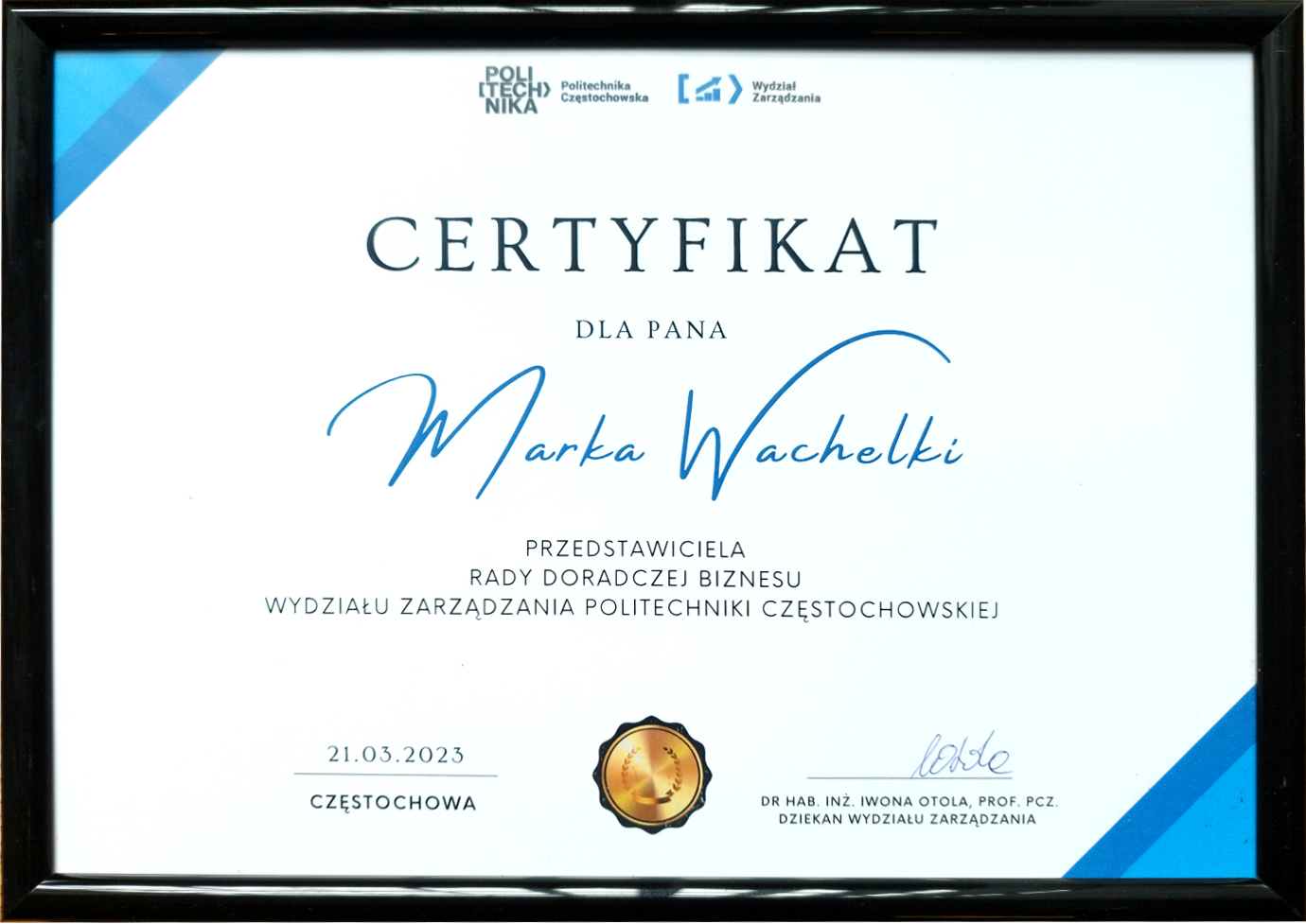 Certificate of the Representative of the BUSINESS ADVISORY COUNCIL of the Management Faculty of Częstochowa University of Technology
